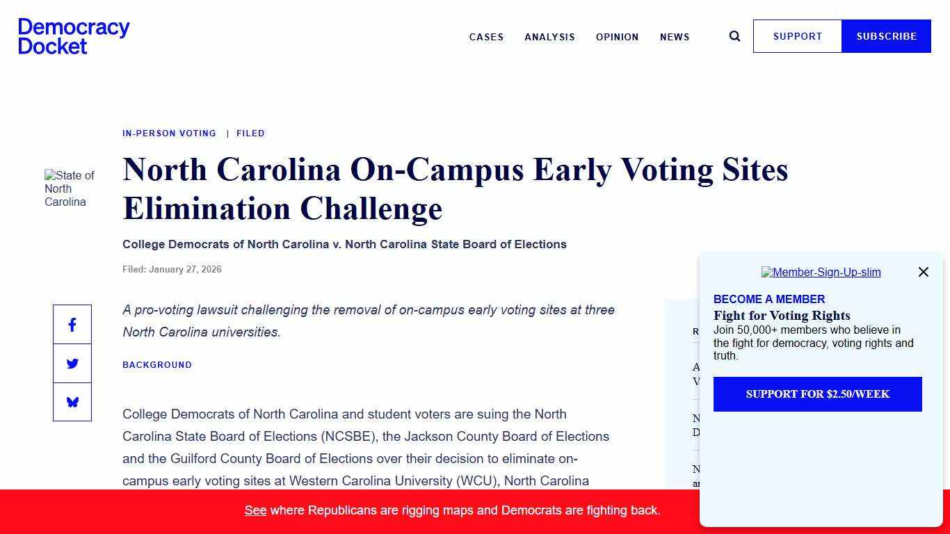 Court Cases - North Carolina On-Campus Early Voting Sites Elimination Challenge - Democracy Docket